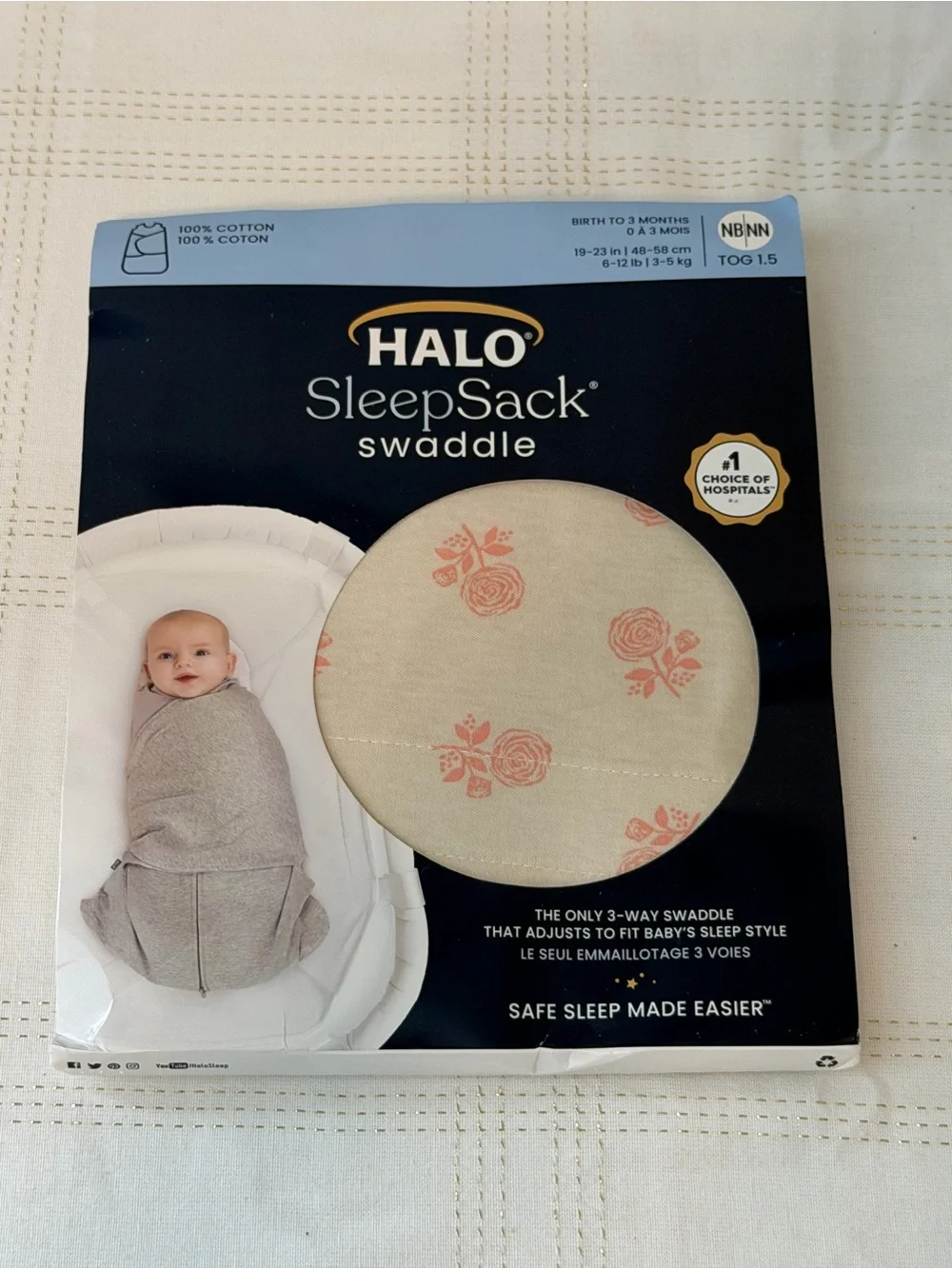 Halo Sleep Sack Swaddle 100% Cotton, TOG 1.5, Rose Toss Blush, Newborn